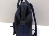 navy blue leather backpack with blue straps on a white surface