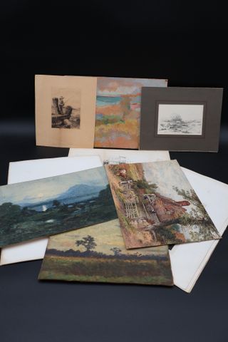 Lot comprenant aquarelles et gravures Anglaise, deux huiles sur c...