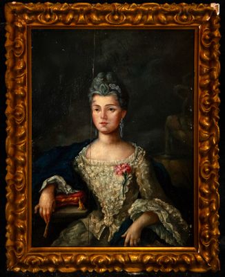 portrait of a lady in a white dress with a red rose in her left hand