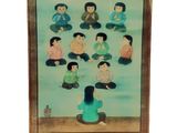 tableau représentant un groupe de personnes assises en position du lotus