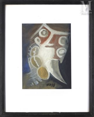 tableau encadré et sous passe-partout représentant un masque dans lequel se trouve une pièce d'or