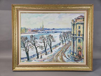 an image of a painting of a snowy landscape with a church in the background