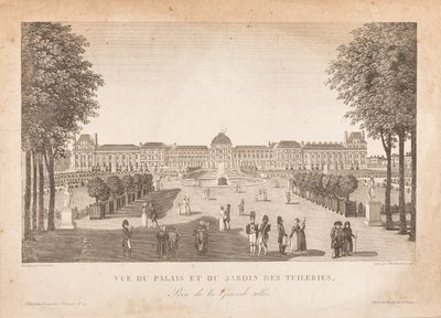 drawing of a view of a palace with a fountain in the foreground