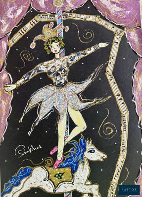 a drawing of a woman on a carousel with a horse