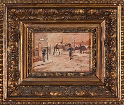 une peinture à l'huile représentant une scène de rue avec des personnes marchant dans la rue