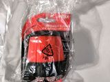 a red and black cell phone in a plastic bag