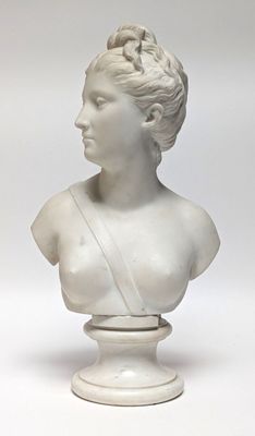 white marble bust of a woman with braids on her hair