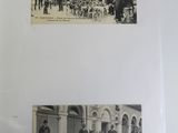 two black and white photos of people riding horses in front of a building