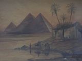 painting of a painting of a desert scene with camels and pyramids in the background