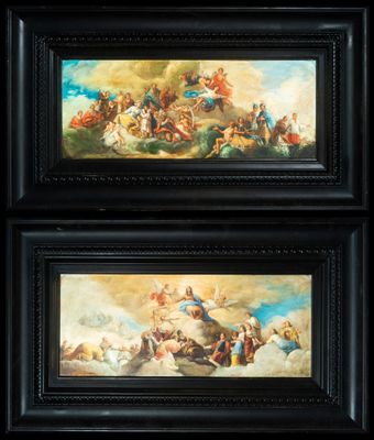 two framed paintings of a painting of a battle with angels and demons