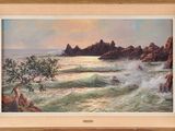 an oil painting of a beach scene with waves crashing against the rocks