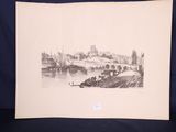 an old black and white photo of a river with boats on it