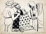 cartoon drawing of a man and a woman standing in front of a cake