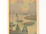 painting of a group of people standing on a beach next to a body of water