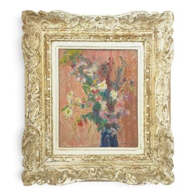 an image of a painting of flowers in a vase in a gold frame