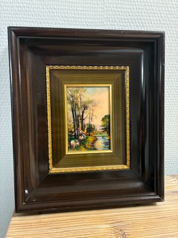 Émail de Limoges – Ferme au bord de la rivière. Signé Betourné. 1