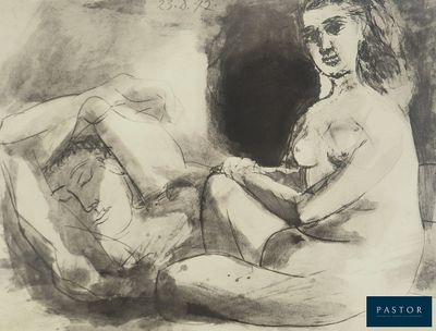 a black and white drawing of a woman and a man