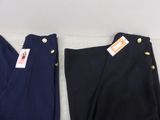 two pairs of black and blue pants with gold buttons on them