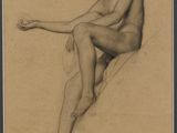 drawing of a nude man sitting on a ledge with his hand on his knee