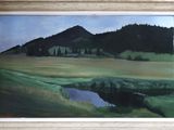 un tableau représentant un paysage avec une montagne en arrière-plan