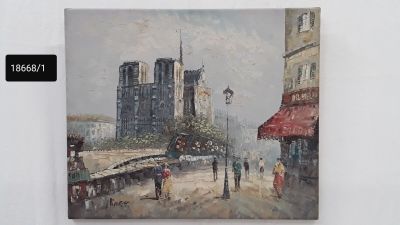 tableau représentant une scène de rue en ville avec des passants marchant sur le trottoir