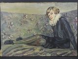 l'image d'un tableau représentant une femme assise sur un canapé