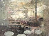 une peinture représentant un restaurant avec des tables et des chaises