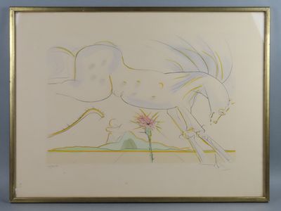 painting of a white horse running with a pink flower in its mouth