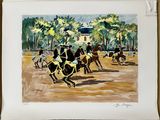 a painting of a horse race with jockeys and horses