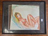 painting of a nude woman laying down on a bed with a black frame