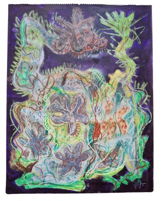 une peinture abstraite représentant un groupe d'animaux sur un fond violet