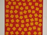 un tableau orange et jaune composé de carrés sur fond rouge
