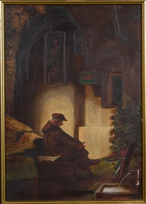 an oil painting of a man sitting in a cave reading a book
