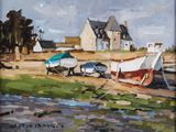 une peinture à l'huile représentant des bateaux sur le rivage d'une petite ville