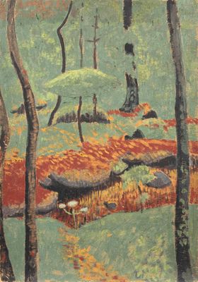 une image représentant un tableau d'une forêt avec des arbres et des rochers