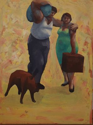 tableau représentant un homme portant une femme et un chien devant un tableau représentant une femme et un chien