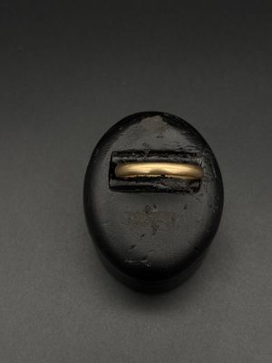 un gros plan sur un bouton noir orné d'une bande dorée