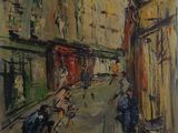 painting of a street scene with people walking down the street