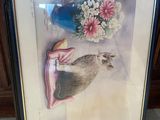 framed picture of a cat and a vase with flowers in it