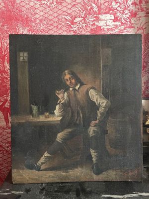 un tableau représentant un homme assis à une table devant un mur rouge