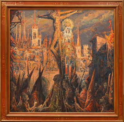 tableau représentant le crucifix de Jésus sur la croix devant une foule de gens