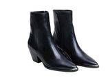 black leather ankle boots with pointed toe and metal heel
