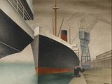 une peinture représentant un grand bateau sur l'eau