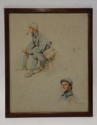 Georges SCOTT (1873-1942) - Deux poilus fumant - Aquarelle g…