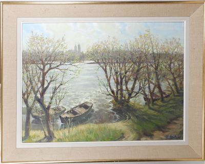 a picture of a painting of a boat in the water