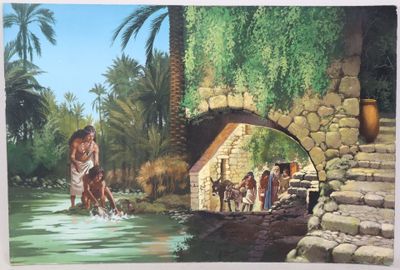 painting of a man riding a horse across a river next to a stone bridge