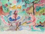 une aquarelle représentant un homme et une femme assis sur un banc