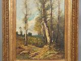 un tableau représentant un paysage boisé avec des arbres et un sentier