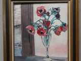 a painting of flowers in a vase on the wall