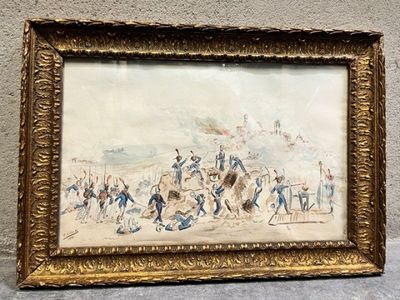 framed picture of a painting of a group of people on a beach